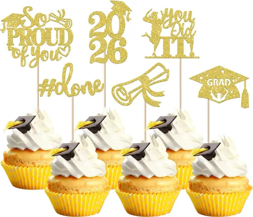 Vista 11 de Paquete de 24 adornos para cupcakes de clase de 2026 con purpurina 2026 para diploma de graduación 2026, selecciones para cupcakes para graduación