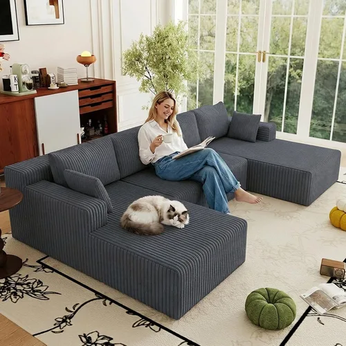 Vista 39 de Sofá modular Cloud de 95 pulgadas con otomana, moderno sofá nube en forma de U con asiento profundo, cómodo sofá de pana de 3 plazas, sofá de espuma