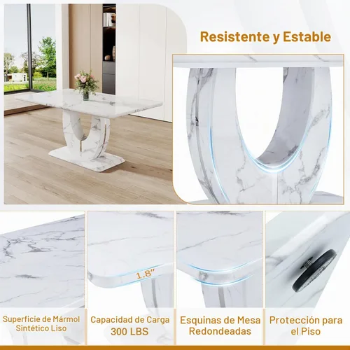 Vista 4 de Moderno juego de mesa de comedor de mármol sintético para 4, mesa de cocina rectangular blanca de 63 pulgadas con elegante base de pedestal