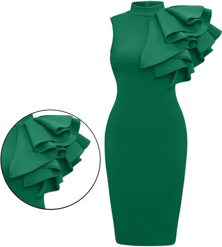 Vista 2 de XXTAXN - Vestido de cóctel entallado, formal, sin mangas y con volados para mujer, vestido de tubo por debajo de la rodilla