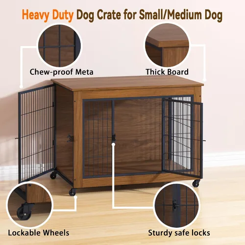 Vista 5 de Mueble de jaula para perros de 38.6 pulgadas con ruedas, mesa de madera resistente para perrera, jaula para mascotas de interior con 2 puertas, caja