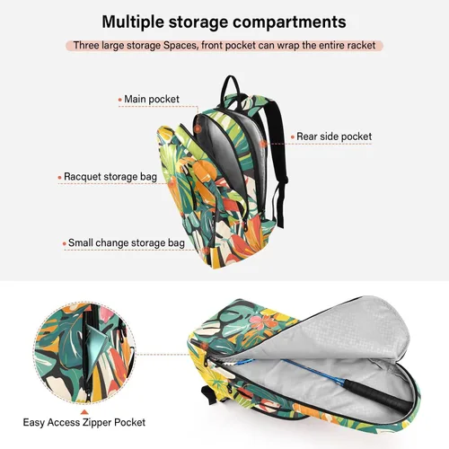 Vista 5 de Tennis Badminton Racket Bags Large Sturdy Colorful Summer Hawaiian Flowers 2 Rackets Tennis Racket Cover Bag with Protective Pad for Women Men