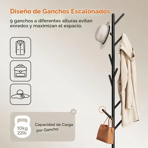 Vista 5 de HOOBRO Perchero con 9 ganchos, perchero de metal independiente con base de madera, árbol de pasillo resistente para entrada, soporte de perchero que