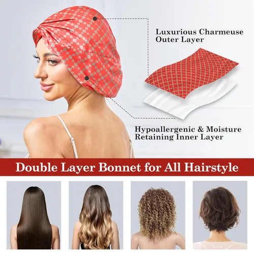 Vista 53 de Gorro de satén de seda ajustable para envolver el cabello para dormir, gorro de dormir de doble capa, turbante nocturno para cabello largo y rizado