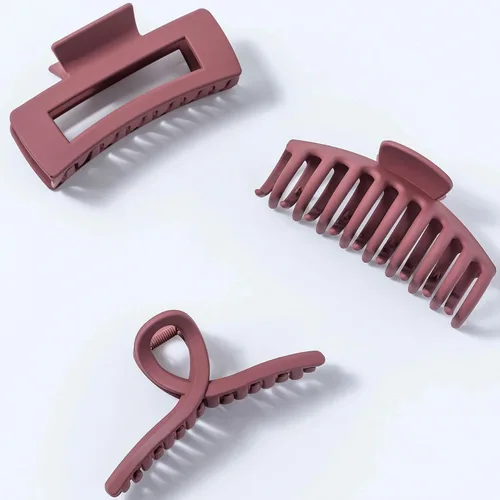 Vista 7 de Pinzas grandes para el cabello grueso, fino y fino, dientes de sujeción fuerte, pinzas de mandíbula granate entrelazadas para mujeres, juego de 3