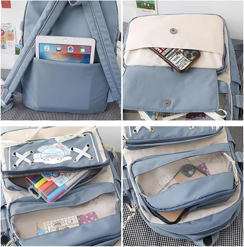 Vista 5 de Roffatide Anime Kuromi - Mochila Kawaii con 21 piezas de accesorios de dibujos animados estética de viaje nuevo semestre bolsa de regalo con bonitos