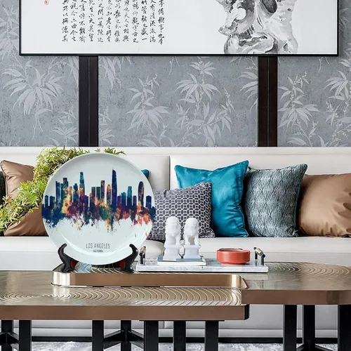 Vista 4 de Platos decorativos de horizonte de Los Ángeles, plato decorativo de paisaje urbano con soporte, adorno de cerámica para decoración de cocina, 6
