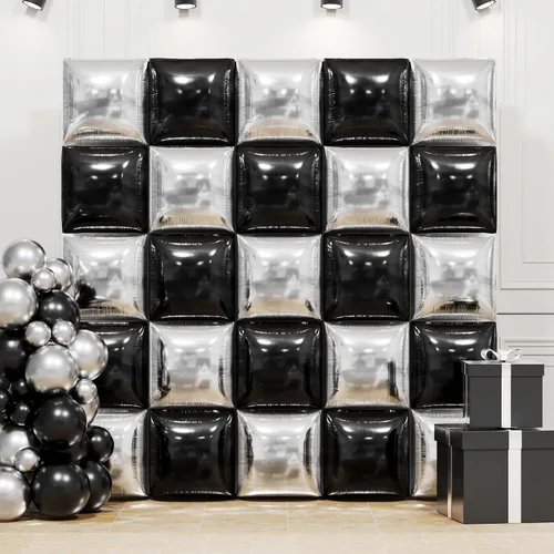 Vista 9 de Globos cuadrados metálicos dorados y negros de doble cara para pared, globos de aluminio cromado de 19 pulgadas, kit de arco de túnel para despedida