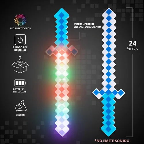 Vista 3 de Fun Central Paquete de 2 espadas de juguete LED de 24 pulgadas con luz azul Pixel de 8 bits para niños, juego de luces intermitentes, rellenos