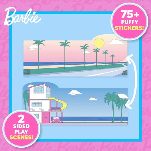 Vista 2 de Conjunto de calcomanías inflables Barbie de Horizon Group USA, 75 calcomanías reutilizables, escena de playa de doble cara, apto para viajes