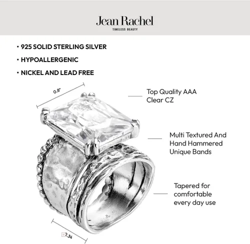 Vista 5 de JEAN RACHEL JEWELRY Anillo de plata de ley 925, diseño vintage martillado con circonita cúbica en forma de octágono, hipoalergénico, sin plomo ni