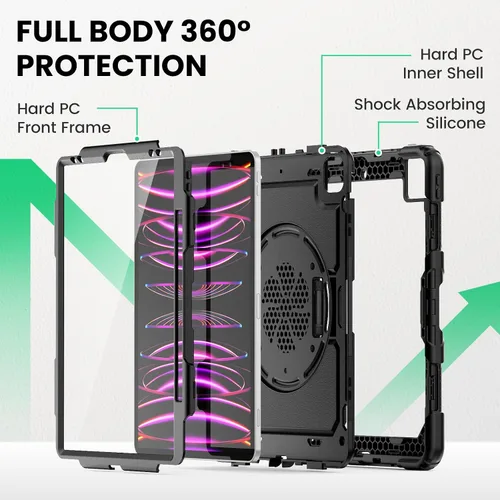 Vista 5 de SEYMAC Funda para iPad Pro 12.9 2022/2021/2020/2018, resistente protección a prueba de golpes con protector de pantalla, soporte giratorio de 360°