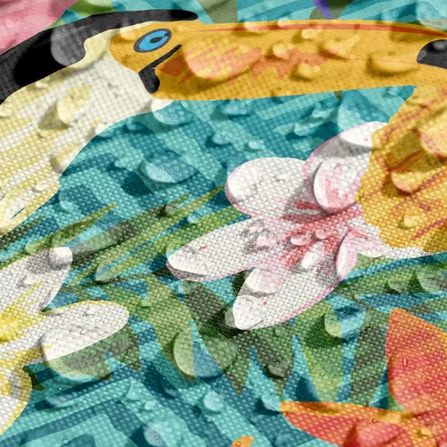 Vista 4 de Lunarable Camino de mesa tropical y manteles individuales, acuarela tucán loro flamenco piñas y flores silvestres sobre rombo, juego para decoración