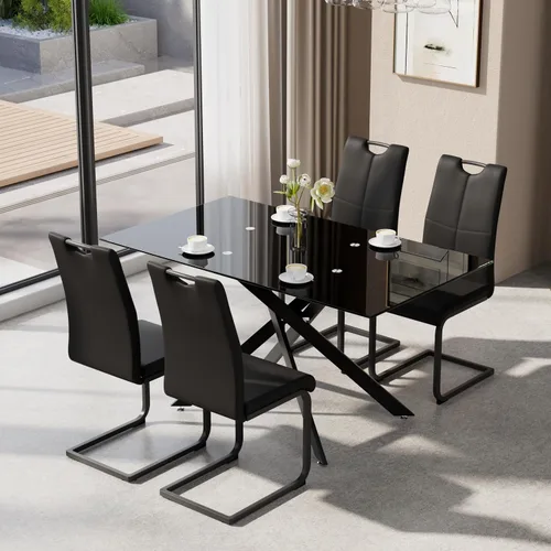 Vista 22 de Juego de mesa de comedor de 5 piezas para 4, mesa rectangular moderna de cristal con 4 sillas tapizadas de cuero, juegos de mesa y sillas de comedor