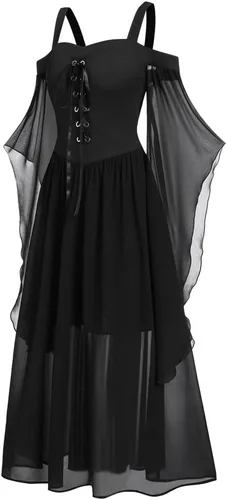 Vista 3 de Renaissance Dress Women Medieval Costume Halloween Gothic Punk Dress Off Shoulder Lace Trumpet Sleeve Fairy Dresses