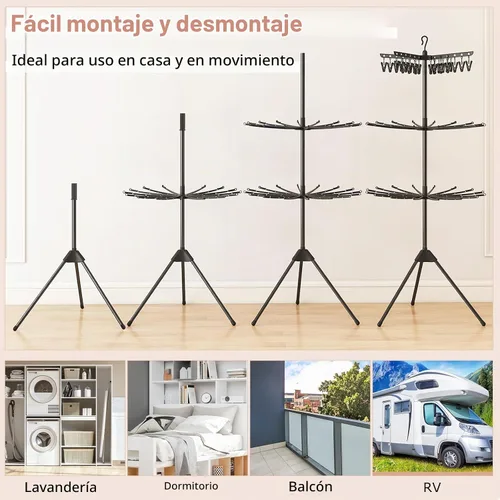 Vista 9 de Giantex Trípode de secado de ropa, estante de secado de ropa plegable independiente de 3 niveles con 24 clips y 32 varillas, soporte de secado