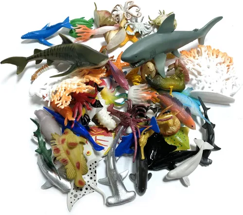 Vista 2 de Paquete de 50 mini figuras de vinilo de plástico de animales marinos del océano, figuras realistas bajo el mar, regalo de baño para niños