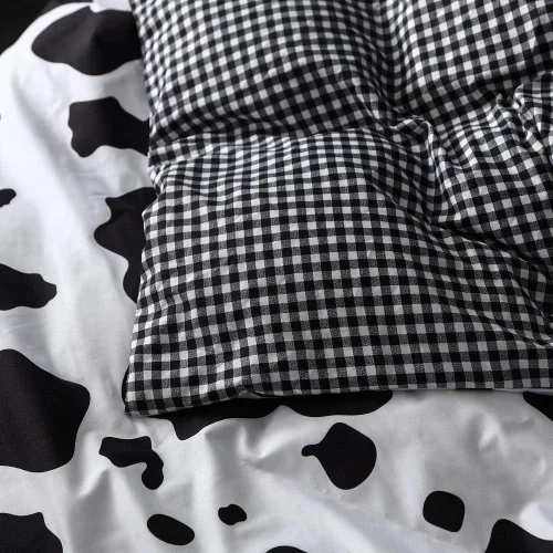 Vista 5 de Juego de ropa de cama de dibujos animados para niños, funda de edredón con estampado de vaca, funda de edredón negra y blanca, funda de edredón