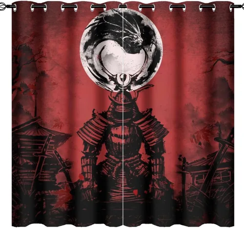 Vista 28 de Cortinas opacas abstractas japonesas samuráis para dormitorio, caballo samurái rústico, rojo, ojal, aislamiento térmico, cortinas de oscurecimiento