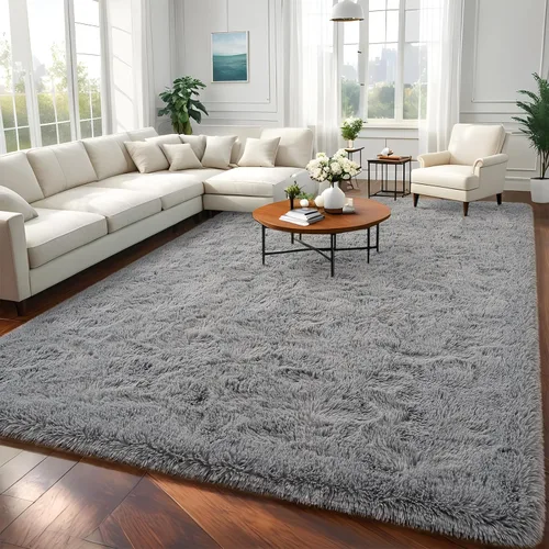 Vista 3 de Alfombra gris grande de 6 x 9 pies para sala de estar, dormitorio, alfombra de área de pelo mullido, alfombra de felpa antideslizante
