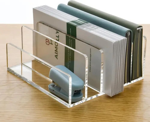 Vista 12 de Soporte de correo acrílico transparente con 8 compartimentos – Clasificador vertical de letras y organizador de escritorio multifunción