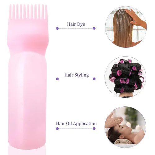 Vista 6 de Cosywell Botella aplicadora de peine de raíz, 6 onzas, paquete de 2 cepillos aplicadores de tinte para el cabello con escala graduada (rosa)