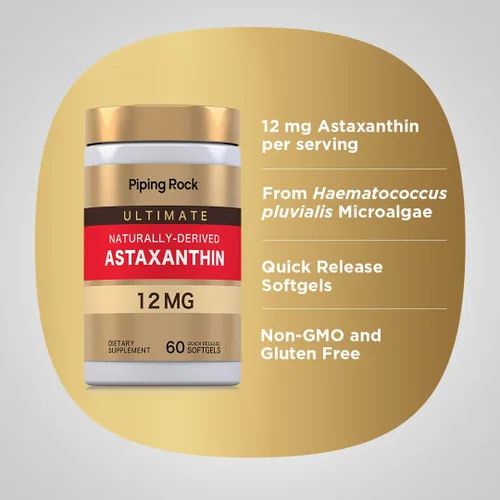 Vista 4 de Piping Rock Astaxantina 12 mg 60 cápsulas blandas de liberación rápida Suplemento de extracto orgánico Sin gluten, sin OMG