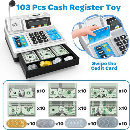 Vista 2 de Calculadora de caja registradora – Caja registradora de juguete de 103 piezas, juego de tienda con micrófono, tarjeta de crédito y banco para niños