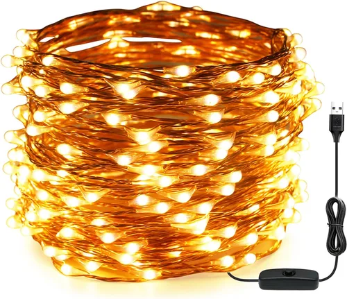 Vista 9 de RUICHEN Guirnalda de luces USB con cable de cobre de 20 pies, 120 luces LED estrelladas con interruptor de encendido/apagado, blanco cálido