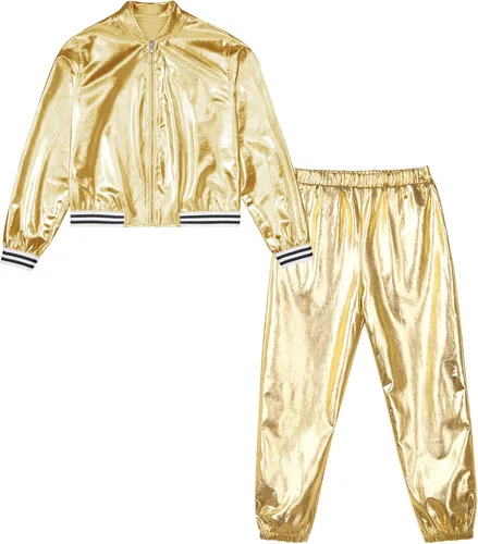 Vista 3 de TiaoBug Disfraz de baile de jazz hip hop para niños y niñas, brillante, metálico, manga larga, chaqueta bomber y pantalones deportivos