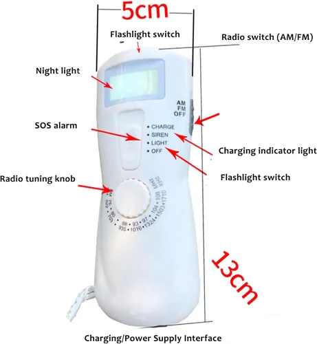 Vista 2 de Banco de energía de manivela con linterna LED, generador manual portátil, cargador de emergencia, fuente de alimentación solar y recargable por USB