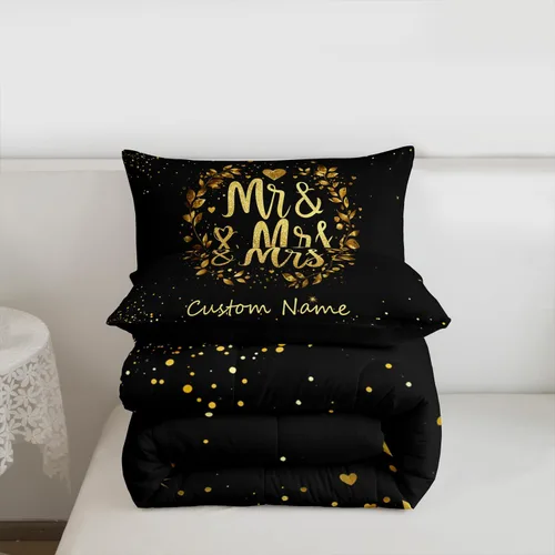 Vista 7 de Juego de ropa de cama personalizado con lentejuelas negras y doradas, tamaño individual, edredón de corazón dorado con purpurina para mujeres
