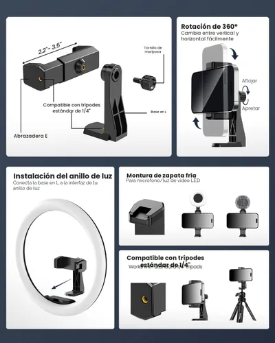 Vista 7 de UBeesize Anillo de luz LED de 12 pulgadas con soporte de trípode de 62 Luz para selfie regulable para grabación de video, transmisión en vivo Negro