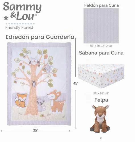 Vista 3 de Sammy & Lou Friendly Forest - Juego de ropa de cama para cuna de bebé de 4 piezas, incluye edredón, sábanas bajeras para cuna neutrales, falda