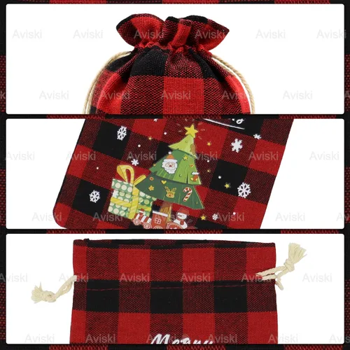 Vista 3 de Aviski 36 unidades de bolsas de regalo de Navidad con cordón de algodón, diseño a cuadros de búfalo, bolsas de dulces de Navidad, bolsas de regalo