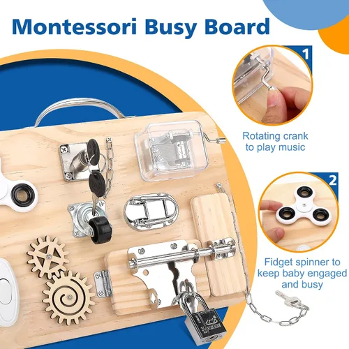 Vista 3 de Pithfor Tabla Ocupada de Madera Montessori para Niños de 1, 2, 3, 4 Años, Juguetes Sensoriales para Bebés y Niños Pequeños, para Habilidades Motoras