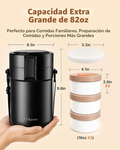 Vista 2 de Tarro térmico de alimentos para adultos de 82 onzas para comida caliente, contenedores de alimentos apilables aislados de boca ancha bento/alimentos