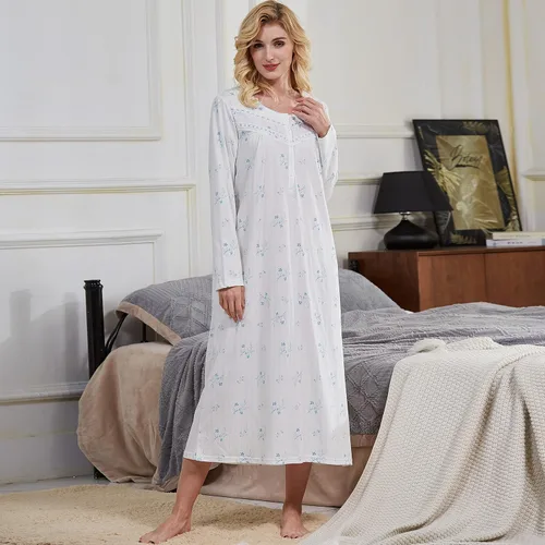 Vista 3 de Keyocean Elegantes camisones para mujer, suaves, 100% algodón, cómodos, ligeros, de manga larga, para mujeres mayores
