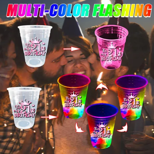 Vista 4 de mishunyus Paquete de 24 vasos de fiesta de cumpleaños 21 para mujer, vasos de plástico rosa de 16 onzas con diseños de lámina de oro rosa