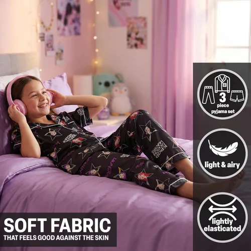 Vista 2 de Get Trend KPop Demon Hunters - Pijamas para niñas, con licencia oficial, conjunto de pijama Huntrix de 3 piezas con pantalones y pantalones cortos