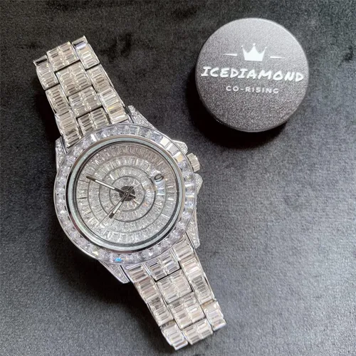 Vista 6 de ICEDIAMOND Reloj de pulsera con calendario de diamantes de circonita cúbica de 1654in chapado en oro piedras de circonita brillantes esfera redonda