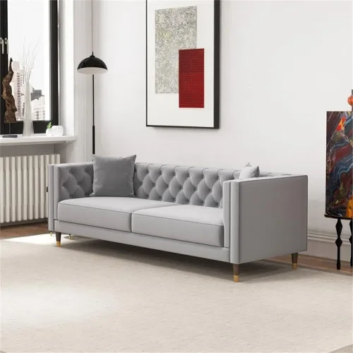 Vista 3 de Sofá de terciopelo gris copetudo, moderno de mediados de siglo, con botones en la parte posterior, sofás de tela para sala de estar, apartamento