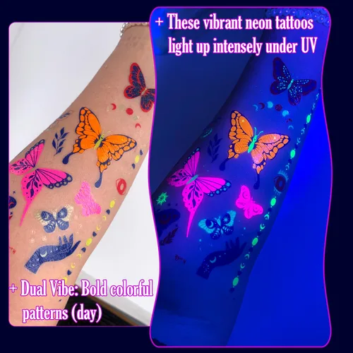 Vista 3 de Tatuajes temporales de neón UV, 12 hojas de tatuajes de fiesta que brillan en la oscuridad para adultos y niñas, patrones de doble vibración