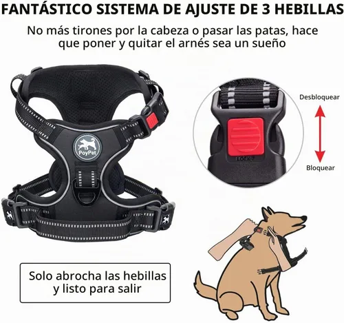 Vista 2 de PoyPet - Arnés para perro, sin tirones ni estrangulamiento, chaleco reflejante ajustable acolchado con enganche frontal y asa para fácil control