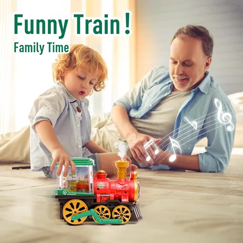 Vista 6 de Juguete eléctrico de tren de vapor para niños pequeños de 3 a 5 años, camión Bump and Go con locomotora de vapor, humo, luz y sonido, rotación