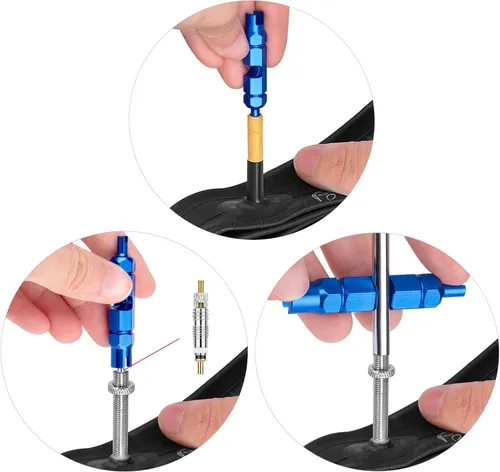 Vista 4 de Kit de Válvula Presta para Bicicleta - 21 Piezas, Herramienta de Extracción de Vástago, Núcleos de Válvula de Latón y Tapas de Vástago