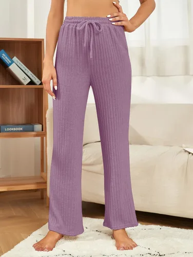 Vista 2 de iChunhua Pantalones de pijama de punto acanalado de pierna ancha para mujer, ligeros, suaves y acogedores pantalones de descanso palazzo