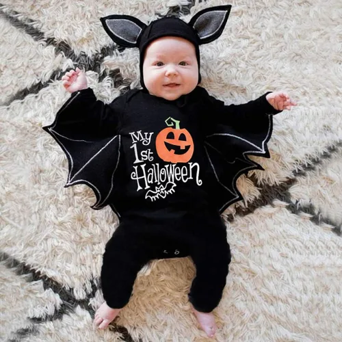 Vista 2 de Dkygxwt Disfraz de Halloween para recién nacido, para niños, niñas, cosplay, manga larga, enterizo, traje con sombrero, ropa para niños