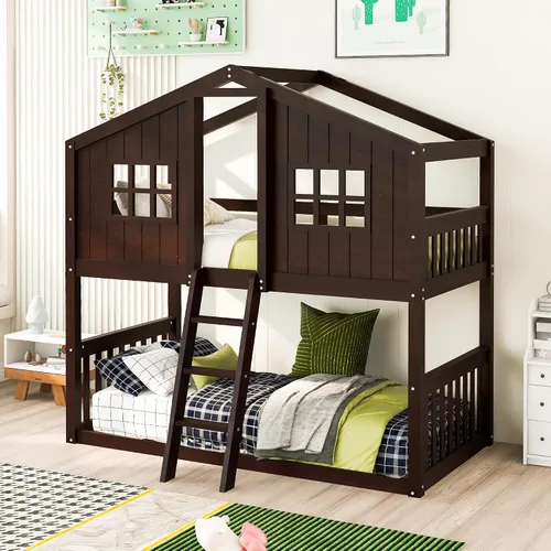 Vista 24 de Cama de Casa Tamaño Twin con Elegantes Ventanas y Estantería, Marco de Litera con Diseño de Castillo de Madera con Barandillas de Seguridad