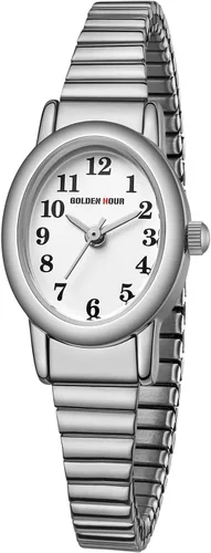 Vista 7 de GOLDEN HOUR Reloj dorado de fácil lectura para mujer con banda de expansión, caja ovalada